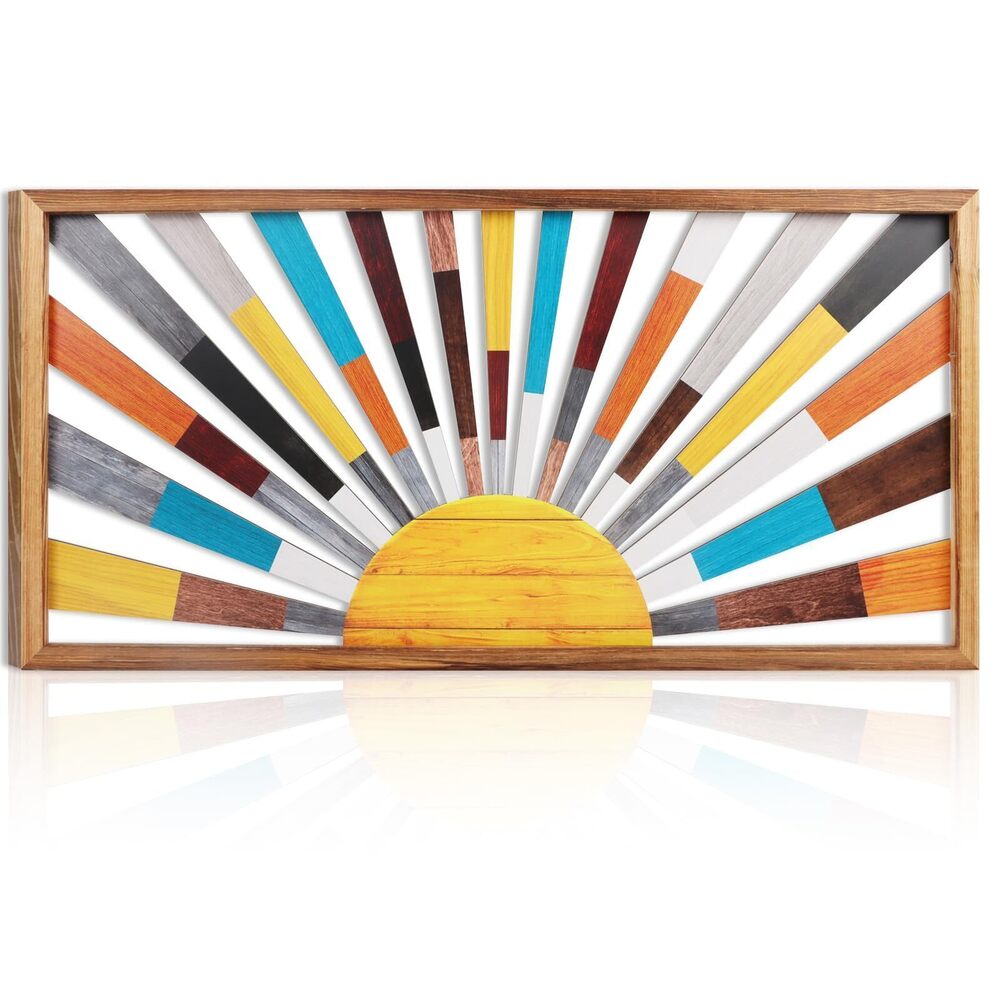 5939 Large Boho Sun Wall Art Framed Wooden Art Wall Decor Rainbow Sun